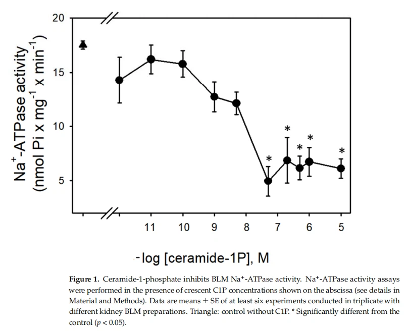 Figure 1. Ceramide-1-phosphate inhibits BLM MNa+-ATPase activity. Na+-ATPase activity assays were performed in the presence of crescent ClP caoncentrations shown on the abscissa(see details in Material and Methods). Data are means ± SE of at least six experiments conducted in triplicate with different kidney BLM preparations. Triangle: control without C1P.*Significantly different from the control(p<0.05).